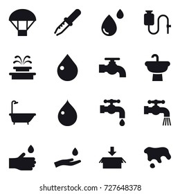 16 vector icon set : parachute, fountain, drop, water tap, bath, hand drop, hand and drop, package, spot
