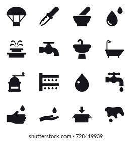 16 vector icon set : parachute, fountain, water tap, bath, hand mill, watering, drop, hand drop, hand and drop, package, spot