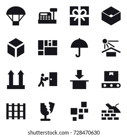 16 vector icon set : parachute, cashbox, gift, box, 3d, construct garbage