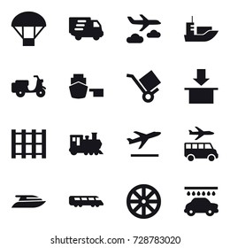 16 vector icon set : parachute, delivery, journey, train, departure, transfer, yacht, wheel, car wash