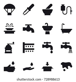 16 vector icon set : parachute, fountain, water tap, bath, hand mill, watering, hand drop, hand and drop, package, spot