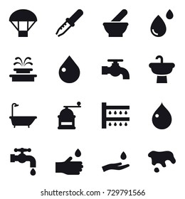 16 vector icon set : parachute, fountain, drop, water tap, bath, hand mill, watering, hand drop, hand and drop, spot