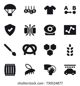 16 vector icon set : parachute, sale, t-shirt, big spoon, honeycombs, spikelets, barrel, wasp, wiping, car wash