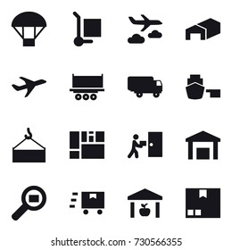 16 vector icon set : parachute, cargo stoller, journey, warehouse, package