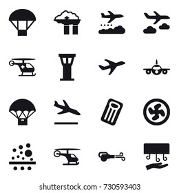 16 vector icon set : parachute, factory filter, weather management, journey, airport tower, arrival, inflatable mattress, cooler fan, blower, hand dryer