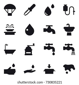 16 vector icon set : parachute, fountain, drop, water tap, bath, hand mill, hand drop, hand and drop, package, spot