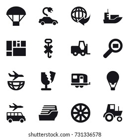 16 vector icon set : parachute, electric car, trailer, air ballon, transfer, cruise ship, wheel, tractor