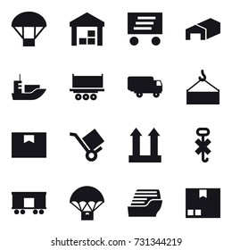 16 vector icon set : parachute, warehouse, delivery, cruise ship, package