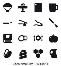 16 vector icon set : parachute, restaurant, cutting board, cup, pan, garlic clasp, walnut crack, spatula, honeycombs, jug