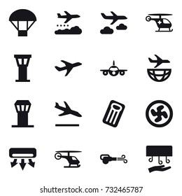 16 vector icon set : parachute, weather management, journey, airport tower, arrival, inflatable mattress, cooler fan, air conditioning, blower, hand dryer