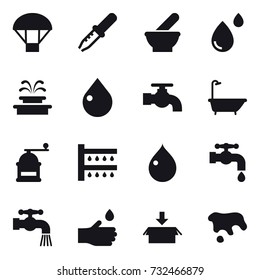 16 vector icon set : parachute, fountain, drop, water tap, bath, hand mill, watering, hand drop, package, spot