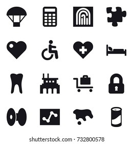 16 vector icon set : parachute, calculator, fingerprint, puzzle, heart, factory, baggage trolley, locked, spot, cleanser powder