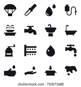 16 vector icon set : parachute, fountain, water tap, bath, hand mill, watering, drop, hand drop, hand and drop, package, spot