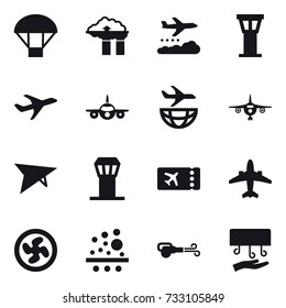 16 vector icon set : parachute, factory filter, weather management, airport tower, plane, deltaplane, ticket, airplane, cooler fan, blower, hand dryer