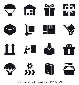 16 vector icon set : parachute, warehouse, gift, box, cargo stoller, washing powder
