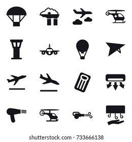 16 vector icon set : parachute, factory filter, journey, airport tower, air ballon, deltaplane, departure, arrival, inflatable mattress, air conditioning, hair dryer, blower, hand dryer