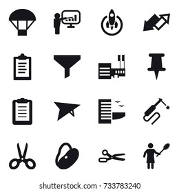 16 vector icon set : parachute, presentation, rocket, up down arrow, clipboard, funnel, mall, deltaplane, hotel, scissors, woman with pipidaster