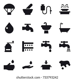 16 vector icon set : parachute, fountain, drop, water tap, bath, hand mill, watering, hand drop, hand and drop, package, spot