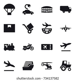 16 vector icon set : parachute, electric car, airport building, plane, train, motorcycle, ticket, departure, arrival, cruise ship, tractor
