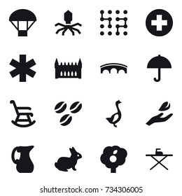 16 vector icon set : parachute, virus, chip, gothic architecture, bridge, rocking chair, coffee seeds, goose, hand leaf, jug, rabbit, garden, iron board
