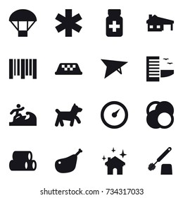 16 vector icon set : parachute, house with garage, taxi, deltaplane, hotel, surfer, dog, barometer, house cleaning, toilet brush