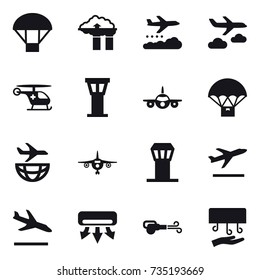 16 vector icon set : parachute, factory filter, weather management, journey, airport tower, plane, departure, arrival, air conditioning, blower, hand dryer