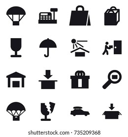 16 vector icon set : parachute, cashbox, shopping bag, car baggage, package