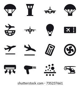 16 vector icon set : parachute, airport tower, plane, air ballon, ticket, departure, arrival, inflatable mattress, cooler fan, air conditioning, hair dryer