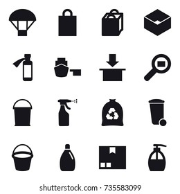 16 vector icon set : parachute, shopping bag, box, bucket, sprayer, garbage bag, trash bin, cleanser, package, liquid soap