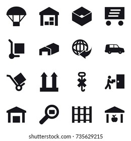16 vector icon set : parachute, warehouse, box, delivery, cargo stoller
