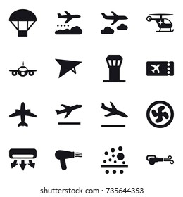 16 vector icon set : parachute, weather management, journey, deltaplane, airport tower, ticket, airplane, departure, arrival, cooler fan, air conditioning, hair dryer, blower