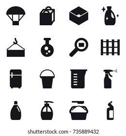 16 vector icon set : parachute, shopping bag, box, cleanser, fridge, bucket, measuring cup, sprayer, liquid soap, washing powder, toilet cleanser