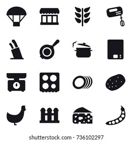 16 vector icon set : parachute, market, mixer, stands for knives, pan, steam pan, kitchen scales, chicken, grain elevator, cheese, peas