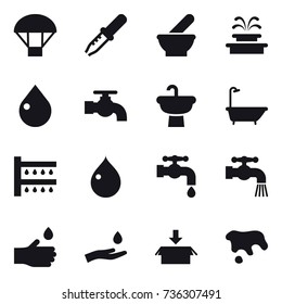 16 vector icon set : parachute, fountain, drop, water tap, bath, watering, hand drop, hand and drop, package, spot