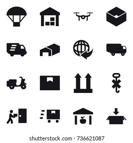 16 vector icon set : parachute, warehouse, drone, box, delivery, package