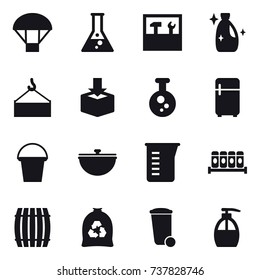 16 vector icon set : parachute, flask, tools, cleanser, fridge, bucket, cauldron, measuring cup, barrel, garbage bag, trash bin, liquid soap