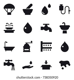 16 vector icon set : parachute, fountain, drop, water tap, bath, hand mill, watering, hand and drop, package, spot