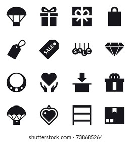 16 vector icon set : parachute, gift, shopping bag, label, sale label, sale, diamond, necklace, heart pendant, rack, package