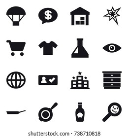 16 vector icon set : parachute, money message, warehouse, bang, cart, t-shirt, globe, check in, hotel, chest of drawers, pan, viruses