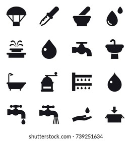 16 vector icon set : parachute, fountain, drop, water tap, bath, hand mill, watering, hand and drop, package
