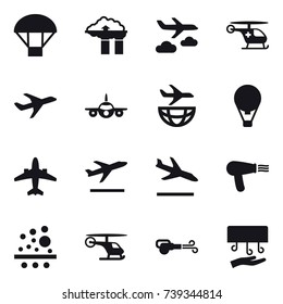 16 vector icon set : parachute, factory filter, journey, air ballon, airplane, departure, arrival, hair dryer, blower, hand dryer