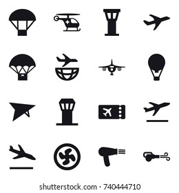 16 vector icon set : parachute, airport tower, plane, air ballon, deltaplane, ticket, departure, arrival, cooler fan, hair dryer, blower