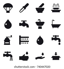 16 vector icon set : parachute, fountain, drop, water tap, bath, hand mill, watering, hand drop, hand and drop, package