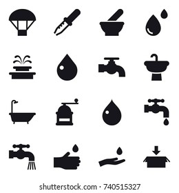 16 vector icon set : parachute, fountain, drop, water tap, bath, hand mill, hand drop, hand and drop, package