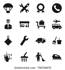 16 vector icon set : parachute, pencil wrench, medal, phone, gas station, baggage trolley, transfer, rag, wrench, trash truck, bucket and broom, wiping, vacuum cleaner, brooming, iron