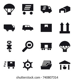 16 vector icon set : parachute, delivery, warehouse, handwheel, cruise ship