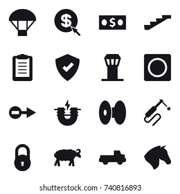 16 vector icon set : parachute, dollar arrow, money, stairs, airport tower, ring button, sheep, pickup, horse
