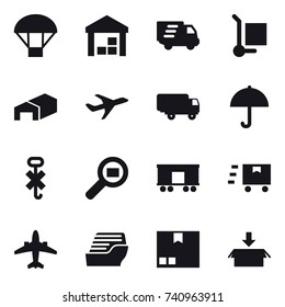 16 vector icon set : parachute, warehouse, delivery, cargo stoller, airplane, cruise ship, package