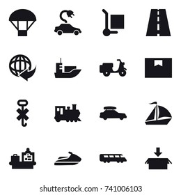 16 vector icon set : parachute, electric car, cargo stoller, train, car baggage, sail boat, baggage checking, jet ski, package