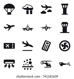 16 vector icon set : parachute, factory filter, journey, airport tower, plane, ticket, arrival, inflatable mattress, cooler fan, air conditioning, blower